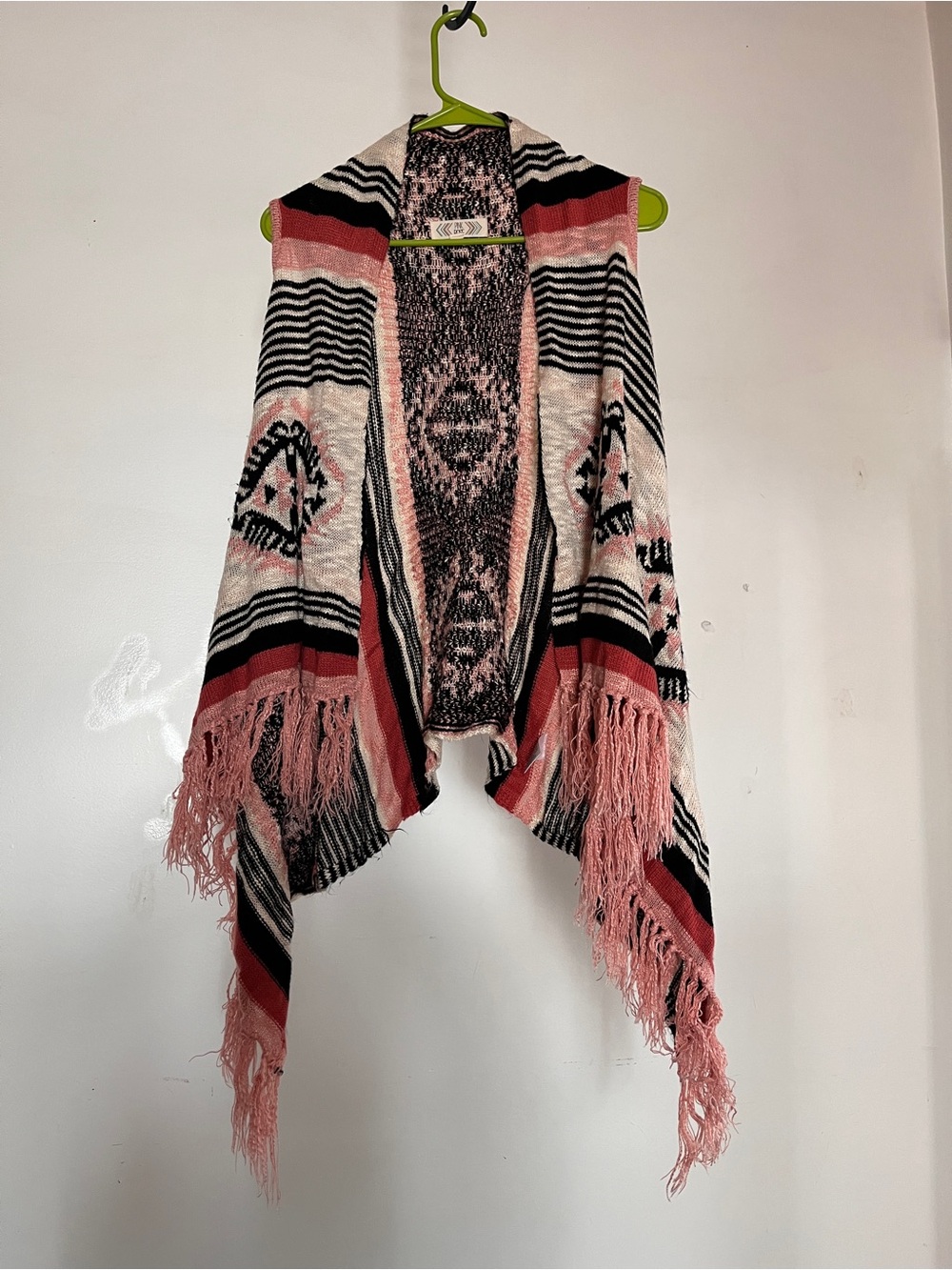 Pink Rose Pink, Black & White Textured Knit Fringe Cardigan Vest
